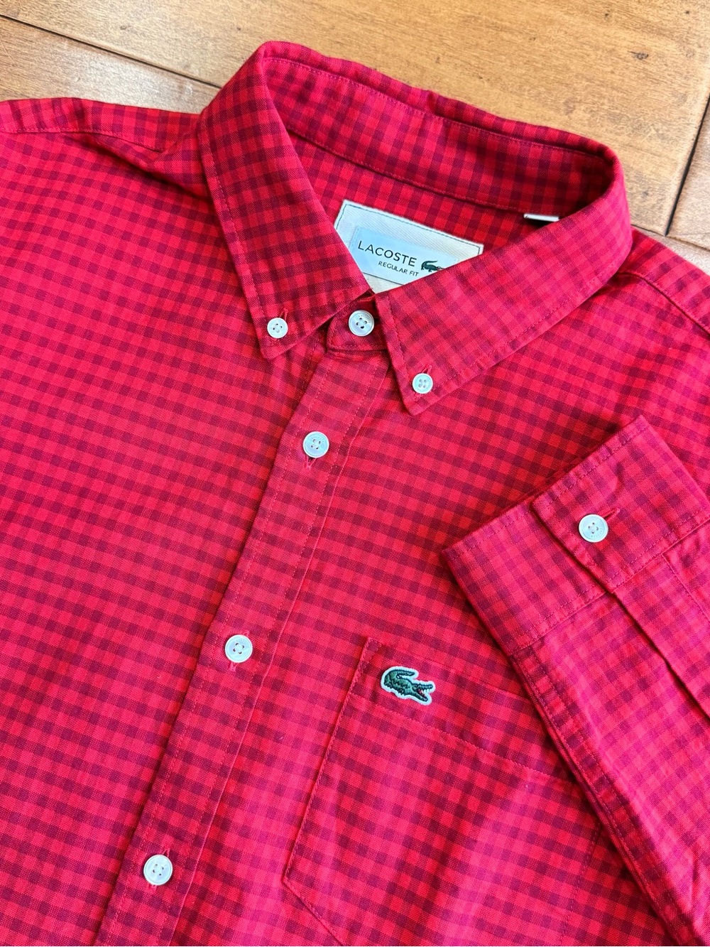 Lacoste Poplin Red Gingham Check Long Sleeve Button-Down Logo - M